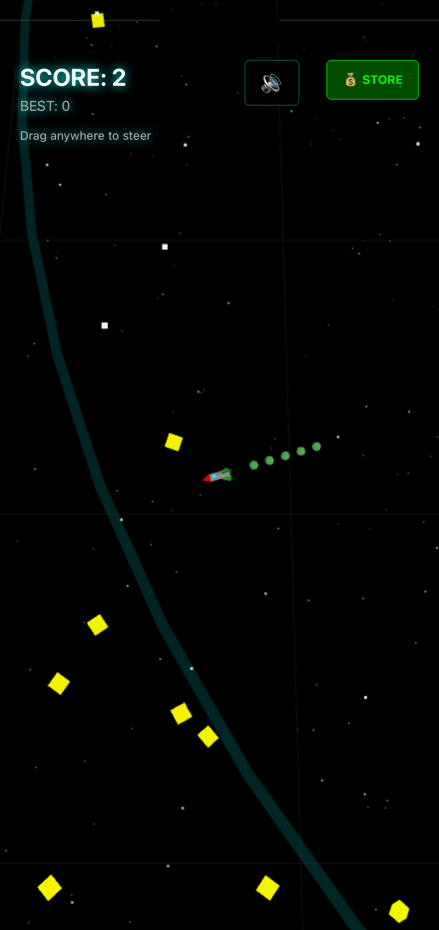 A rocket trailing energy through a field of yellow crystals