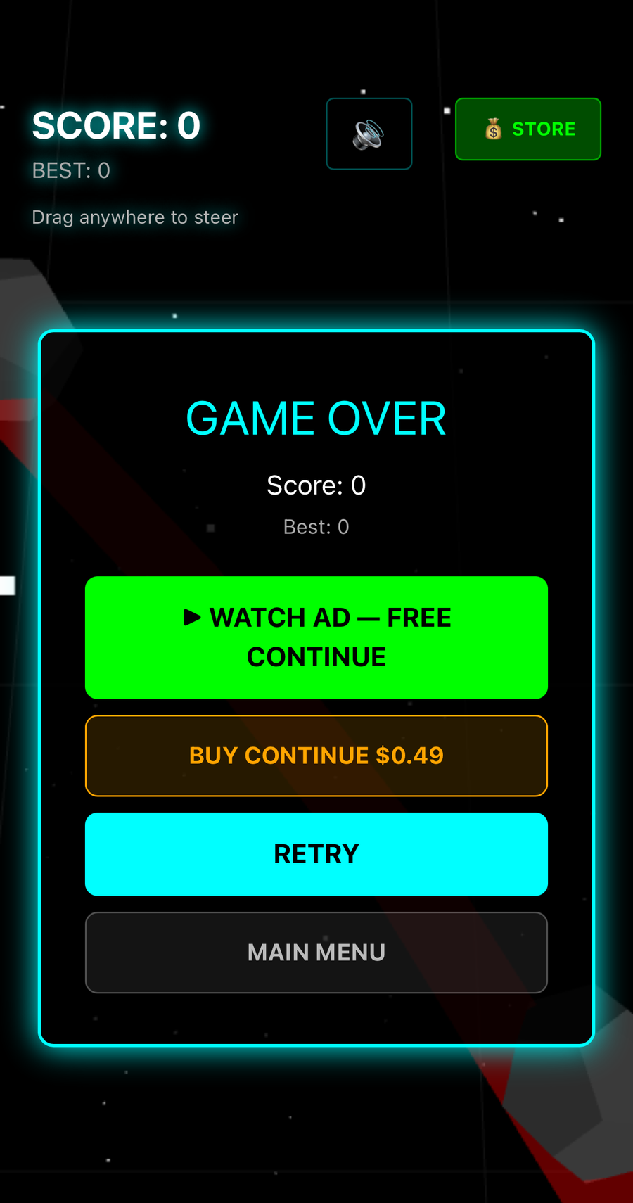 Game over screen offering a free continue for watching an ad