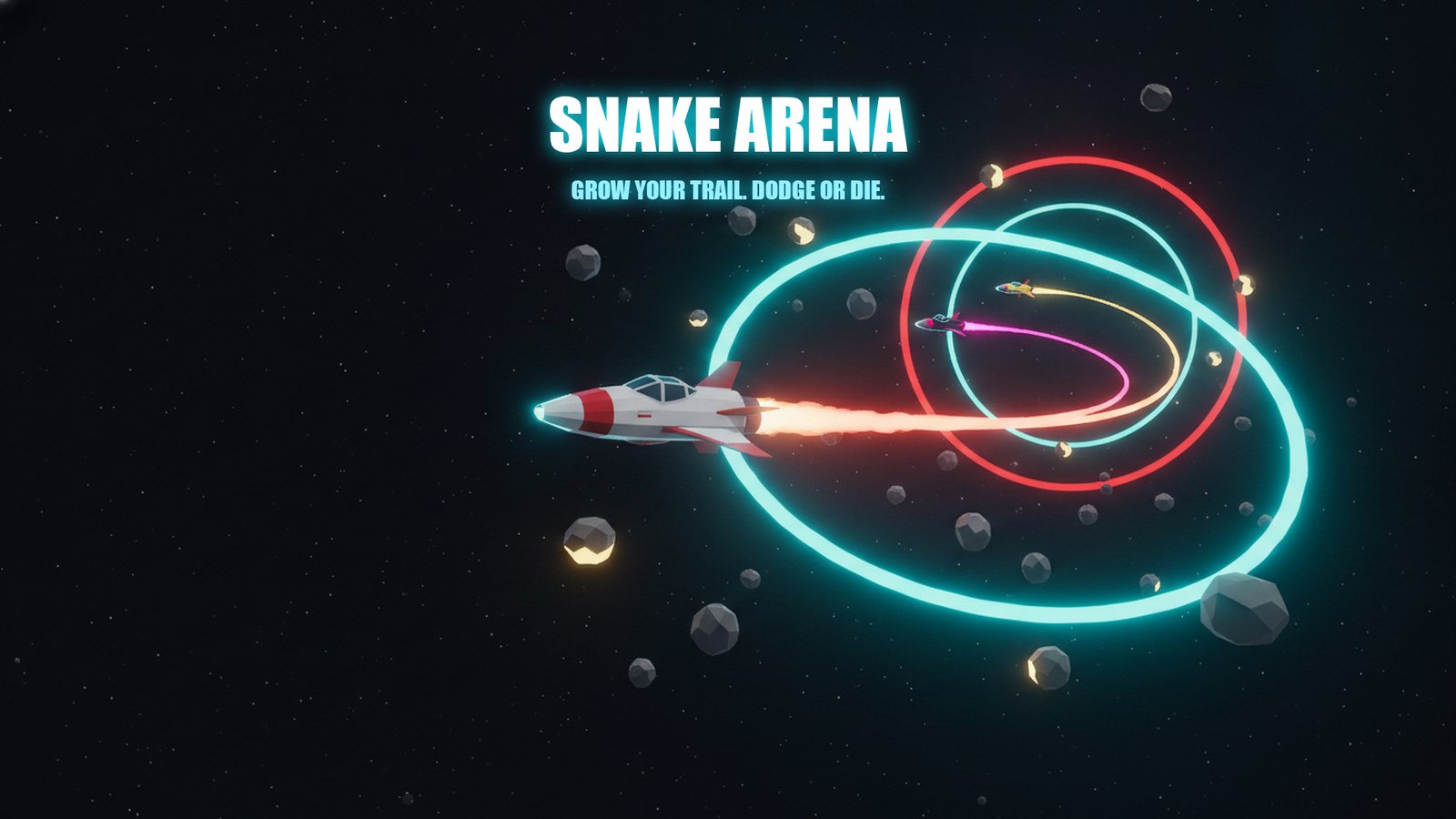 Snake Arena key art — a rocket carving a glowing trail through an asteroid field