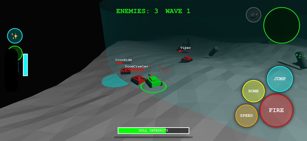 Player tank engaging three enemy tanks on the lunar arena