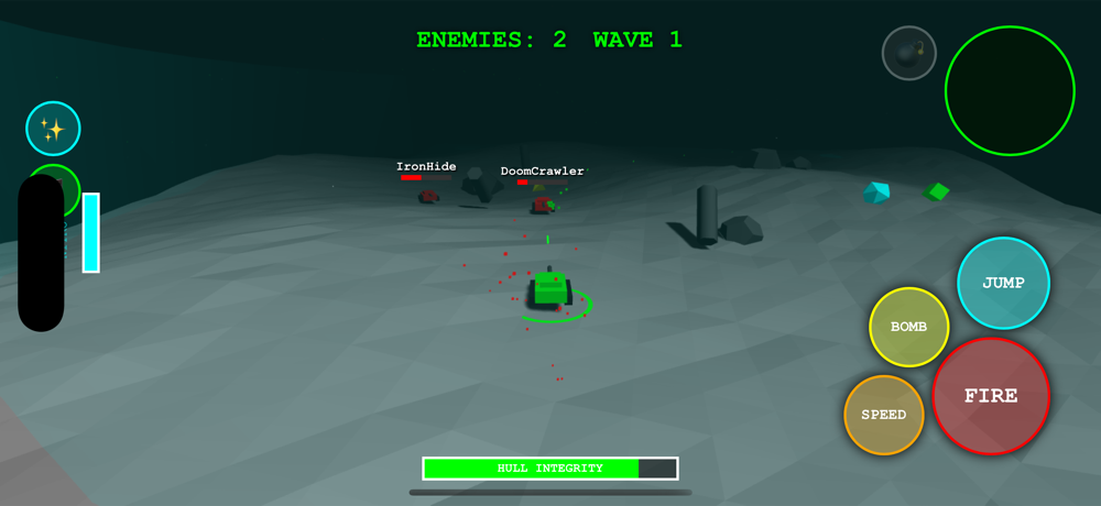 Two enemy tanks closing in across open lunar ground