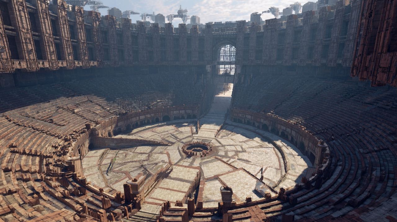 A vast futuristic Roman arena seen from the stands