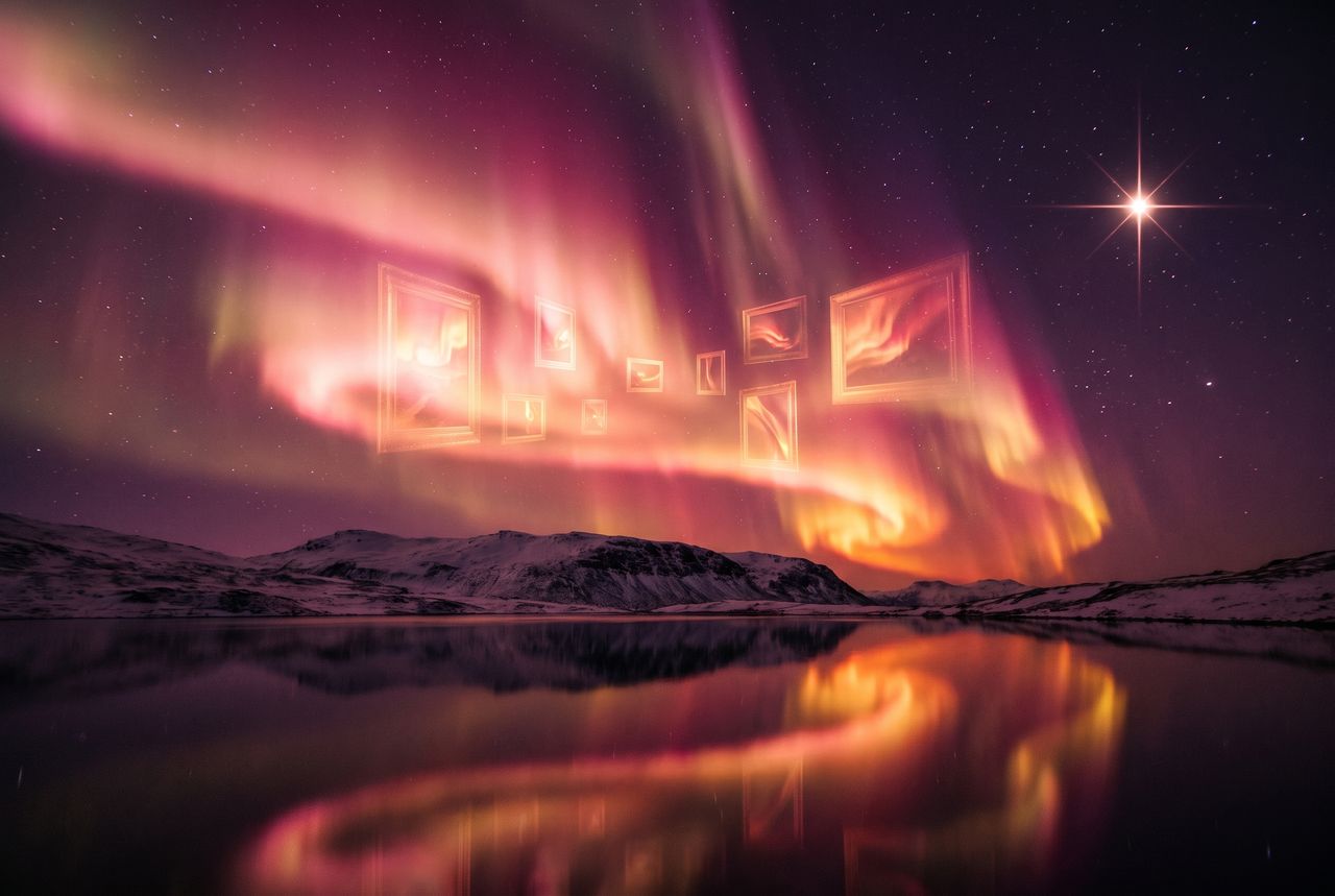 A warm aurora over a mountain lake, picture frames taking shape in its light