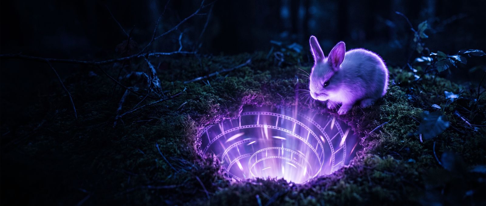 A white rabbit at the edge of a glowing hole that spirals down into film frames