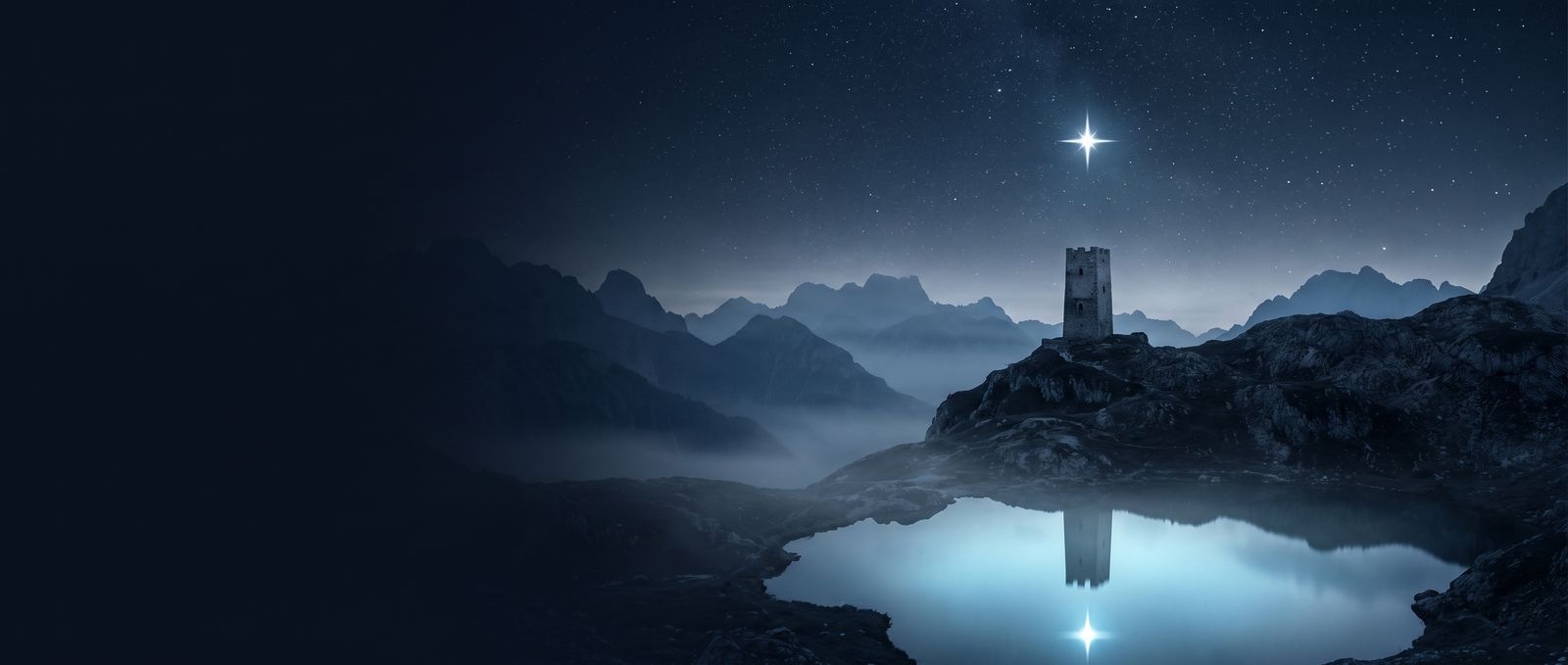 A lone watchtower on a ridge under one bright star, above a mountain lake at night